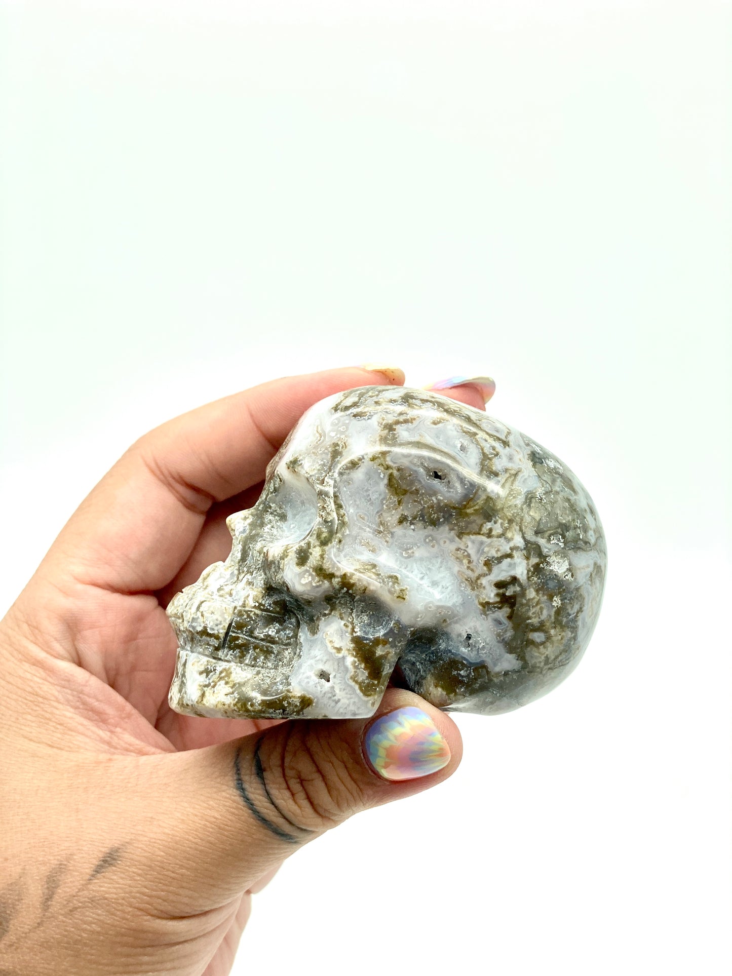 Moss Agate Skull in Quartz๐