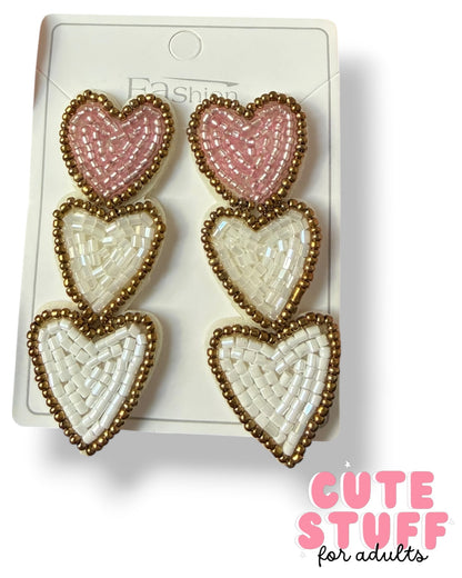 Triple Heart Beaded Earrings – Hand-Woven Cascading "Coquette" Earrings