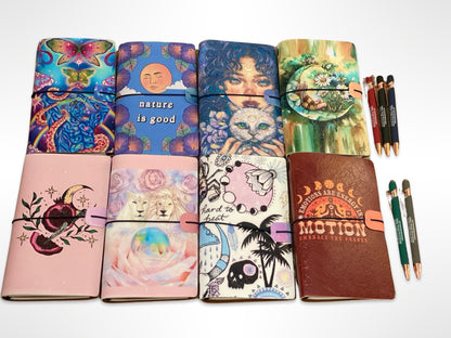 Refillable/Reusable Leather bound ManifestationJournal with Soft Touch Merch Pen