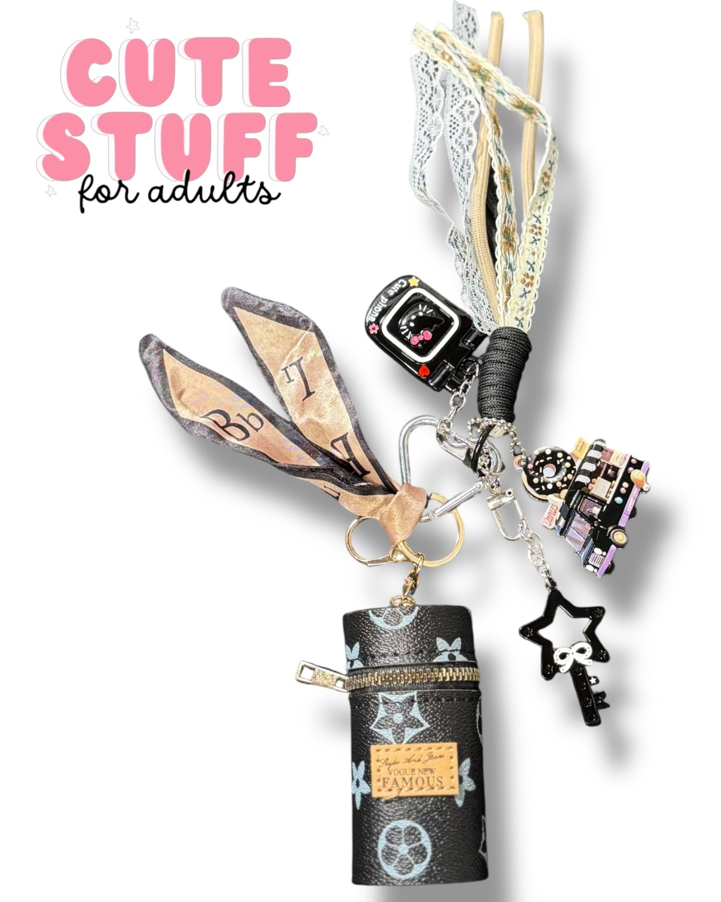 Curated Bag Charm & Keychain with Trinkets + Lipstick Case (Multiple Colors)