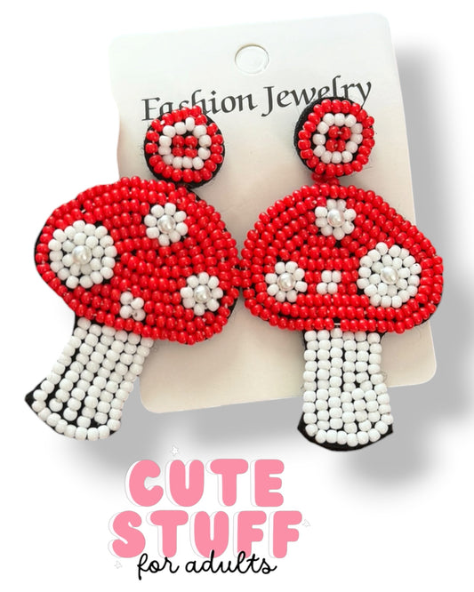 Enchanted Forest Mushroom Beaded Earrings – Hand-Woven Cottagecore Dangles