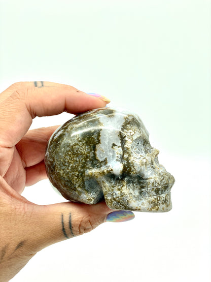 Moss Agate Skull in Quartz💀