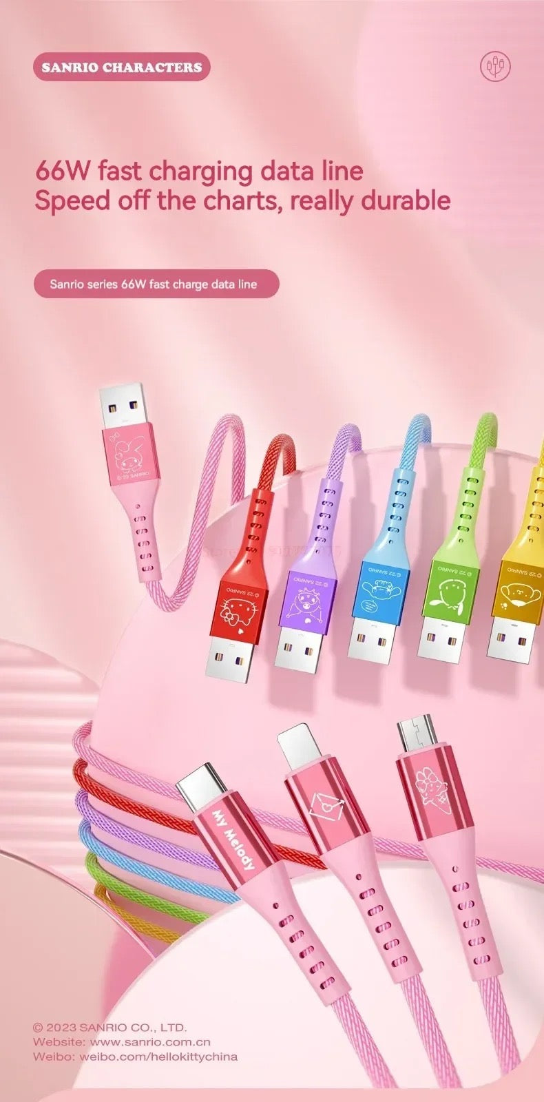 Sanrio 3 in 1 Fast Charging Cable Data Line for Micro Type-C USB Lightning Portable Car Charger