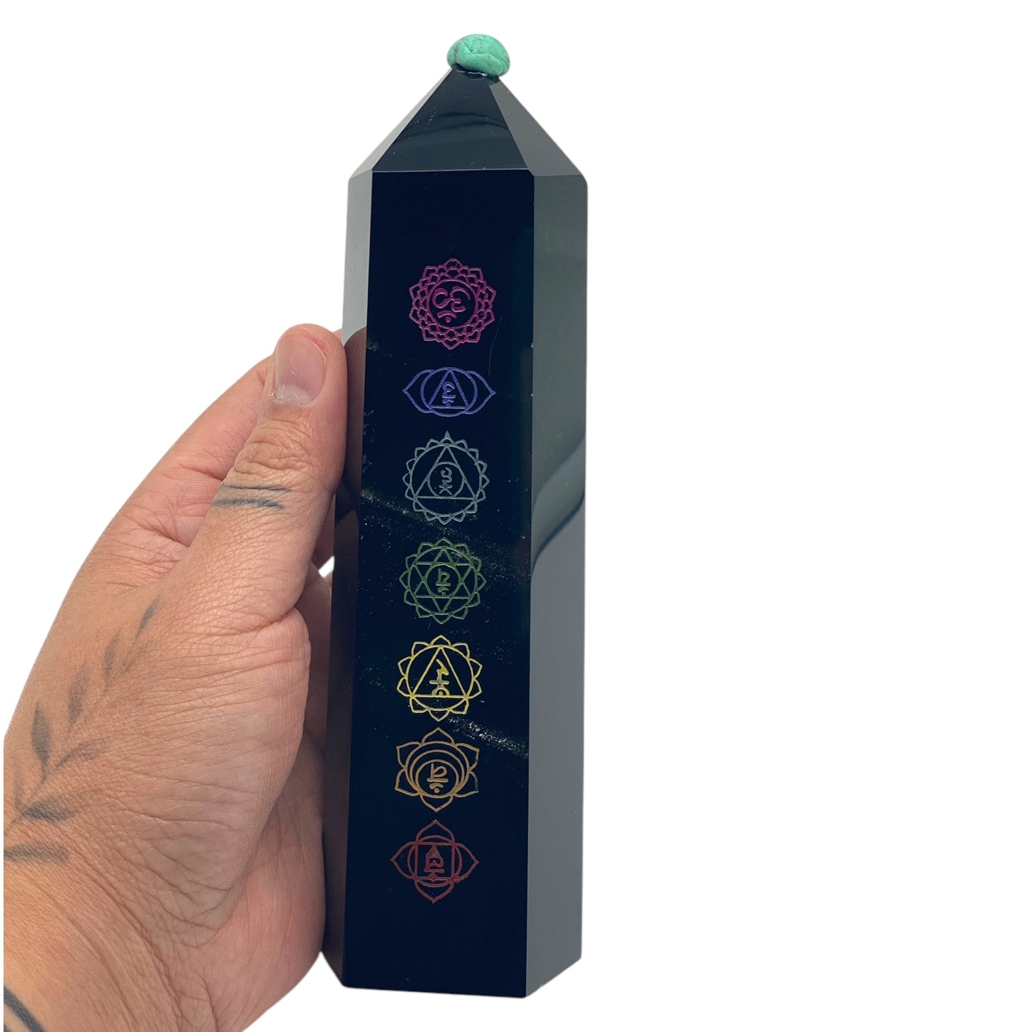 Silver Sheen Obsidian with 7 Chakra Carvings