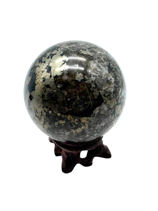 Pyrite in Black Chalcedony Sphere