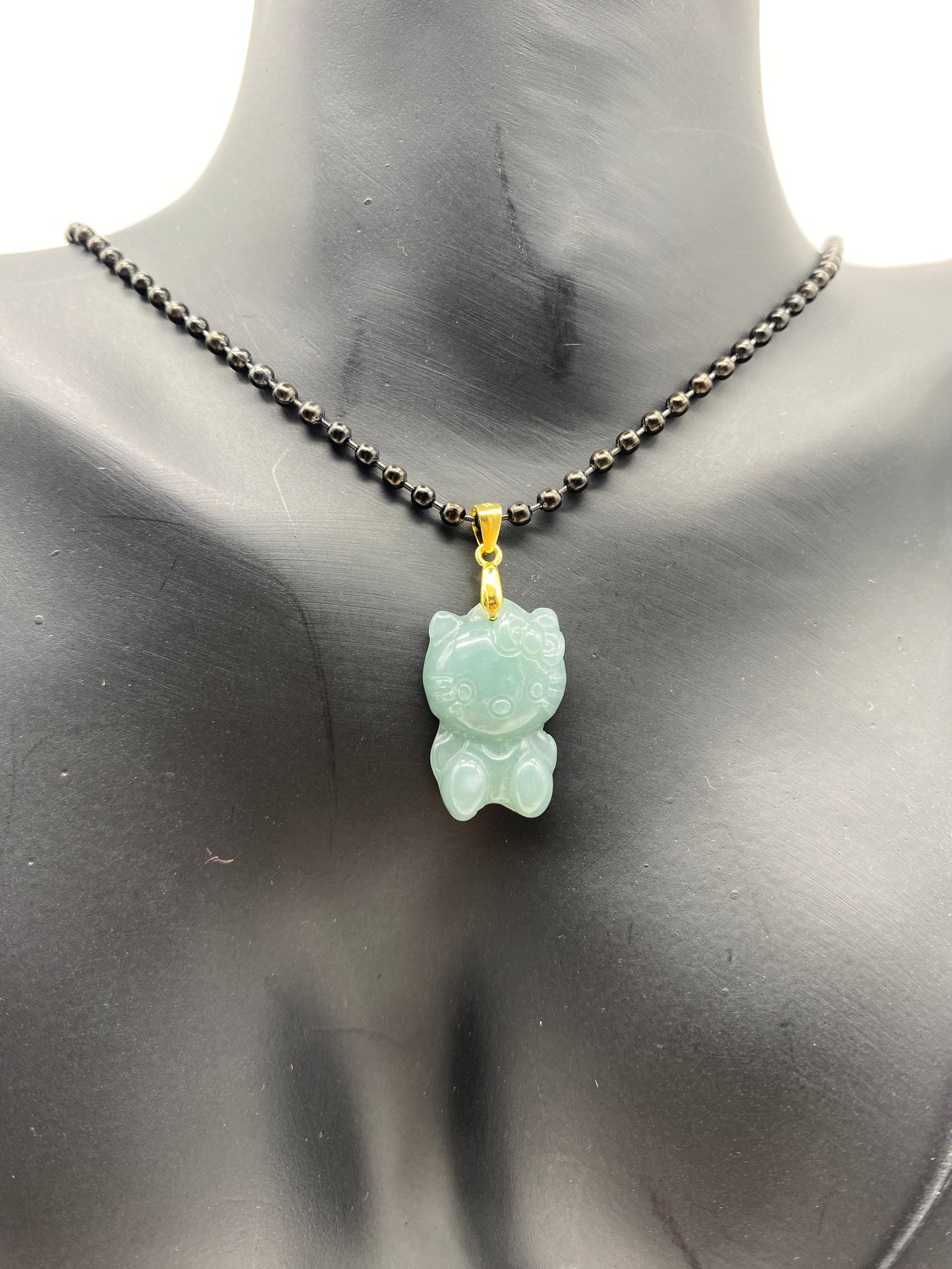 925 Silver Hello Kitty Green Jade Pendant