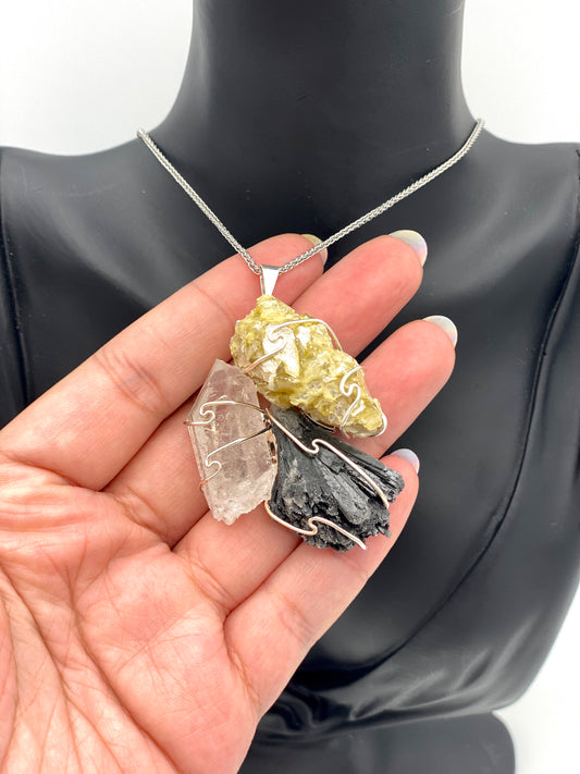 Black Kyanite, Gold Mica, & Clear Quartz in Silver Plated Wire Necklace