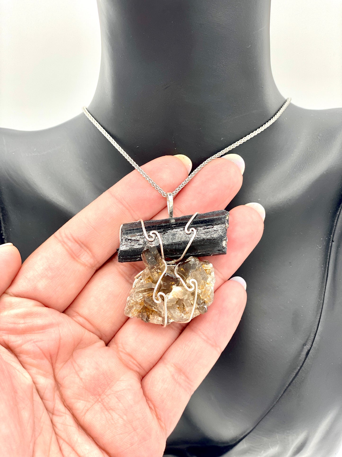 Black Tourmaline & Smokey Quartz in Silver Wire Necklace