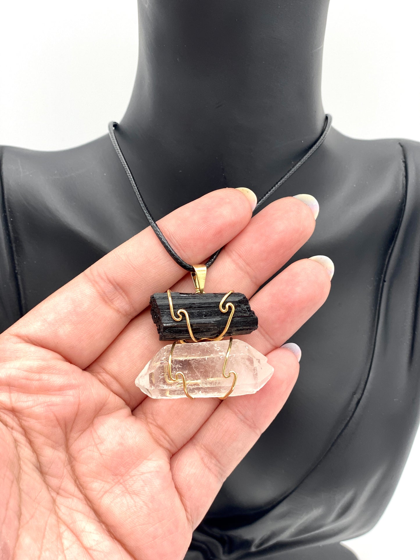 Black Tourmaline & Clear Quartz in Gold Plated Wire