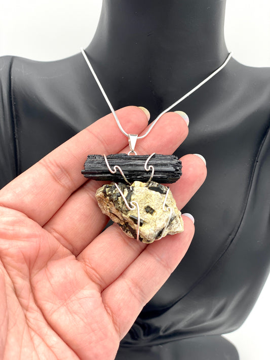 Black Tourmaline & Green Tourmaline in Gold Mica in Silver Plated Wire