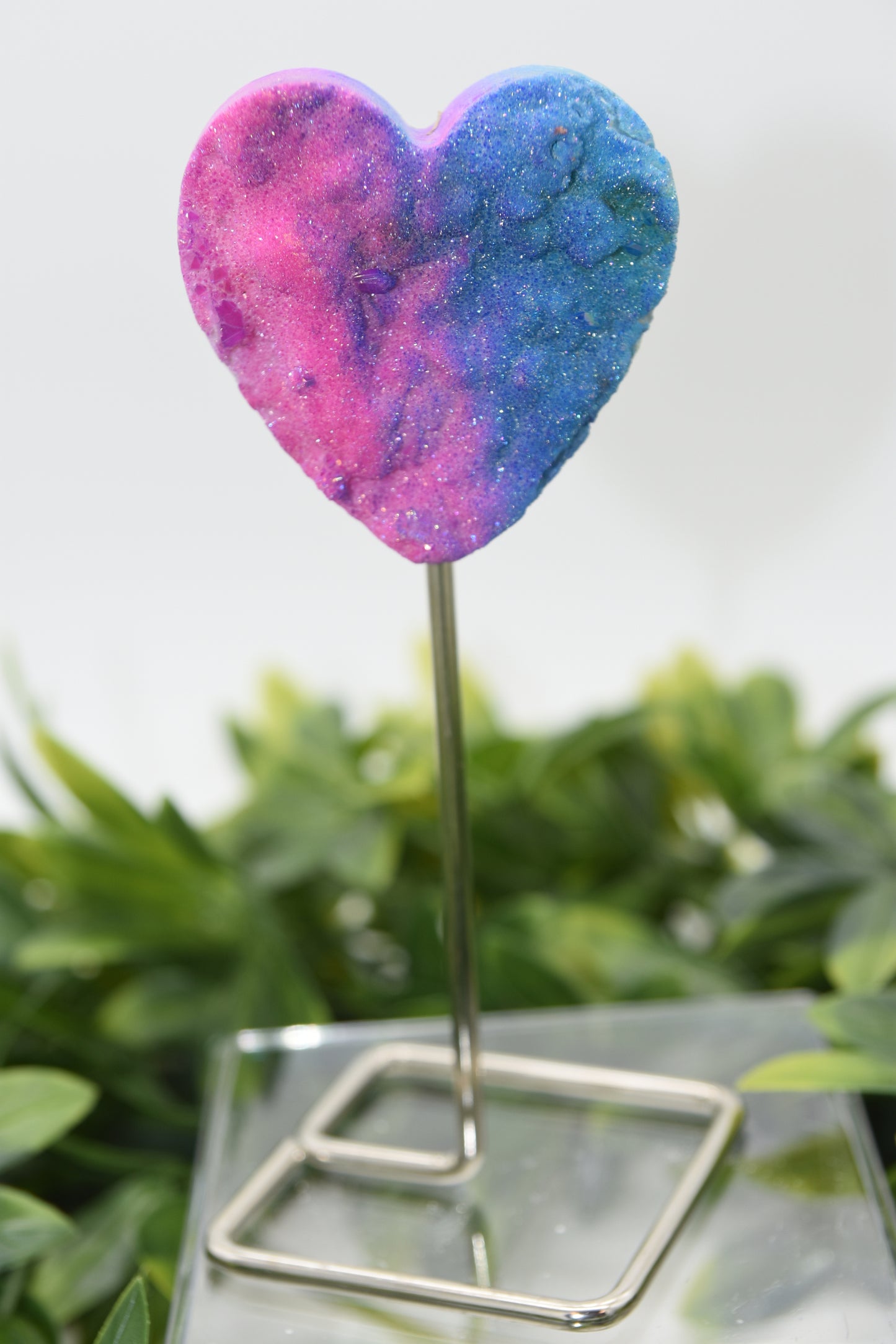 Aura Coated Hearts in Quartz with Metal Stand