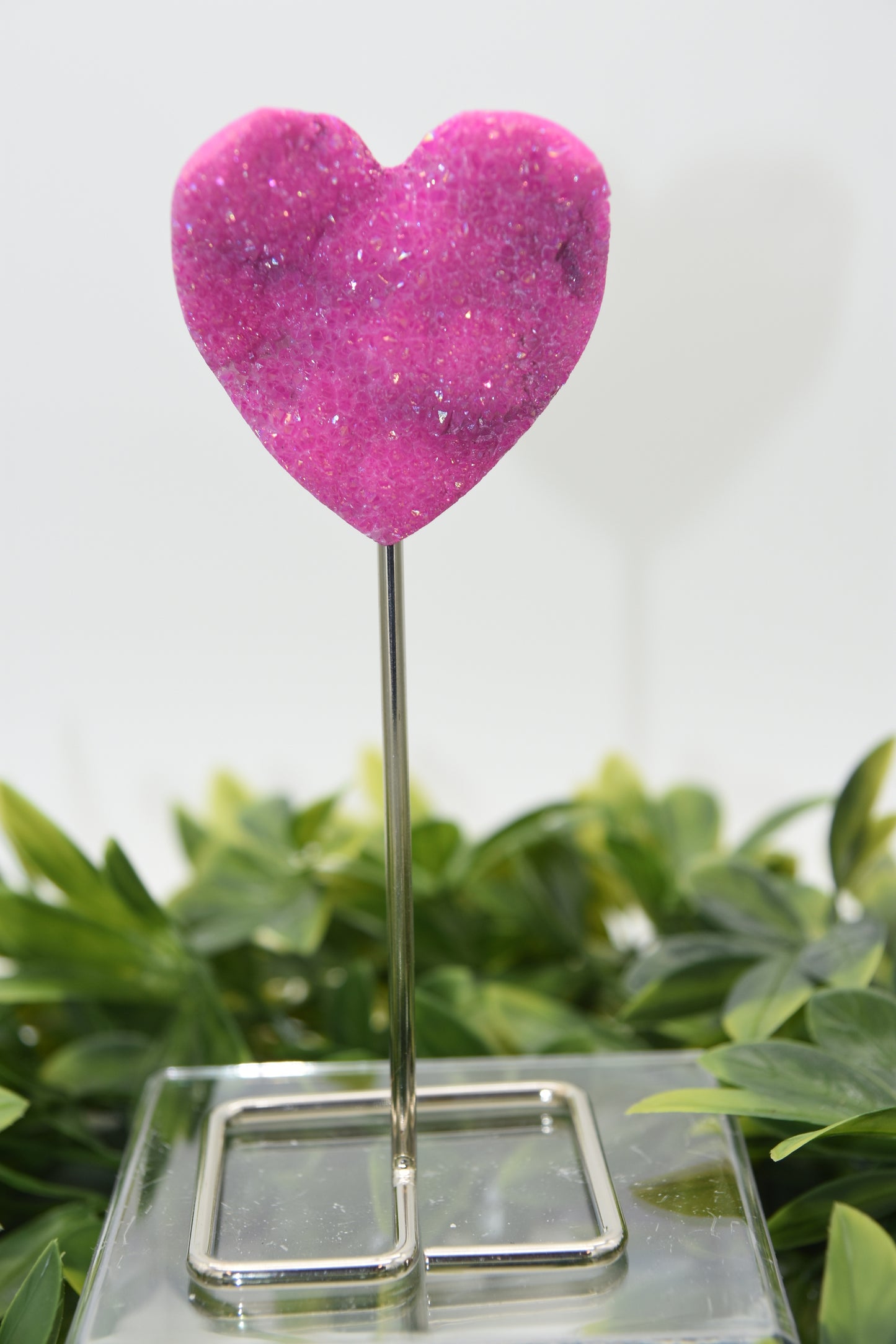 Aura Coated Hearts in Quartz with Metal Stand