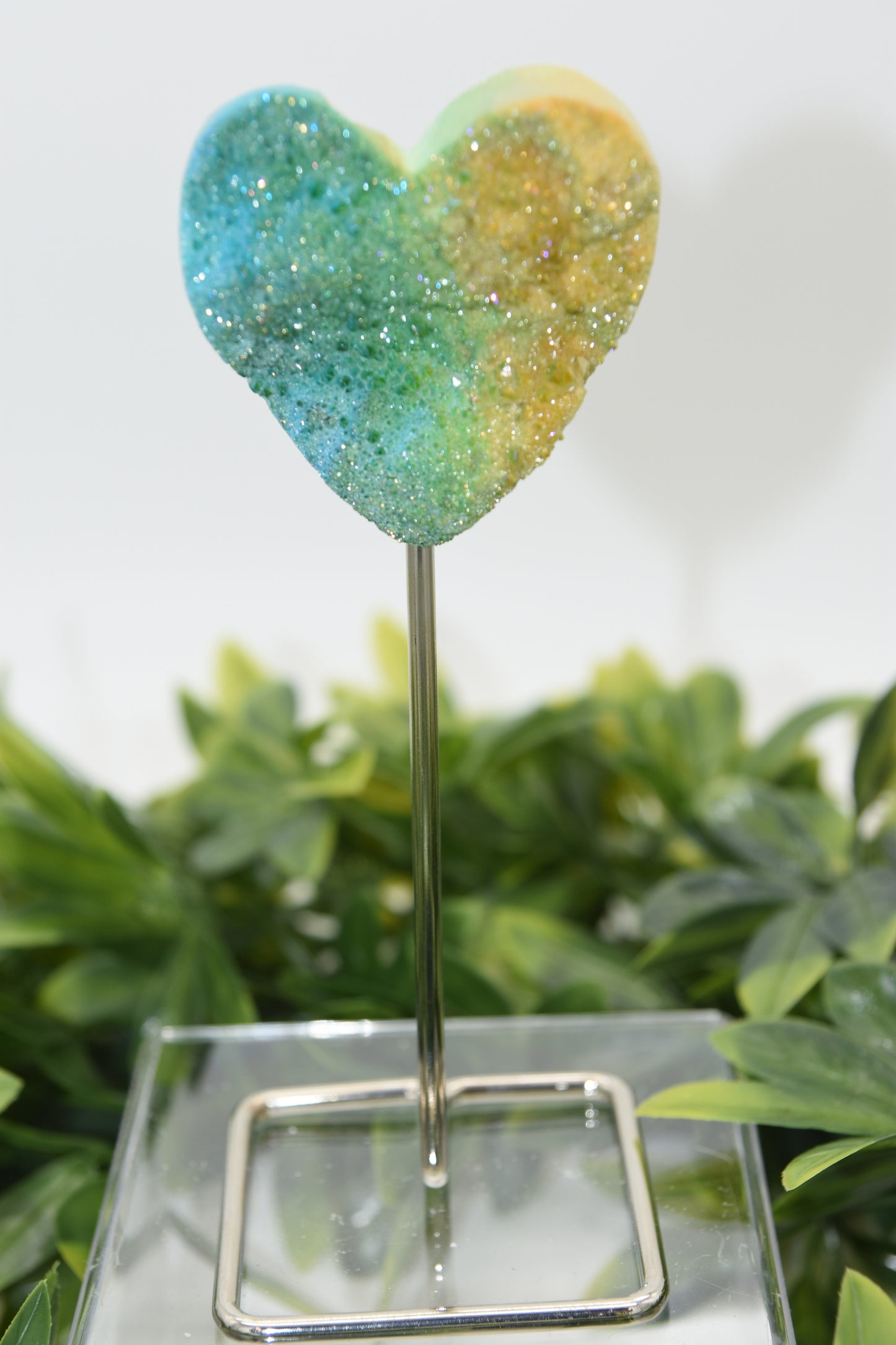 Aura Coated Hearts in Quartz with Metal Stand