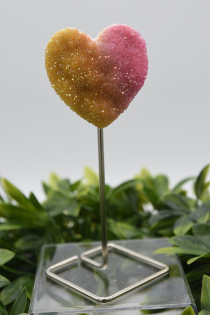 Aura Coated Hearts in Quartz with Metal Stand