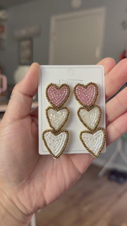 Triple Heart Beaded Earrings – Hand-Woven Cascading "Coquette" Earrings