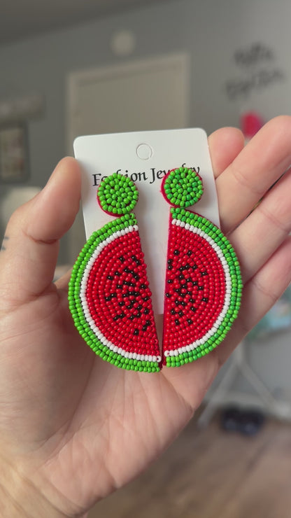 Juicy Watermelon Beaded Earrings – Hand-Woven Summer Seed Bead Earrings